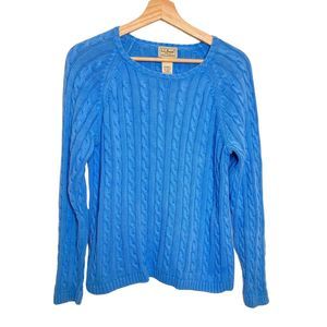 LL Bean Womens M Cable Knit Sweater Crew Neck Blue Cotton Fishmerman